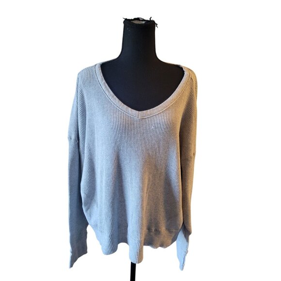 aerie Tops - Offline by Aerie Gray V-Neck Waffle Knit Size L Oversized Y2K 90s Casual Boho
